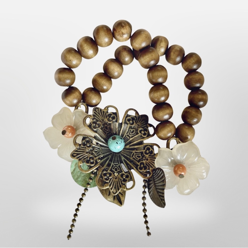 Boho Bracelet with Flowers, Wood Beads, Charms, Dangling Chain & Abalone